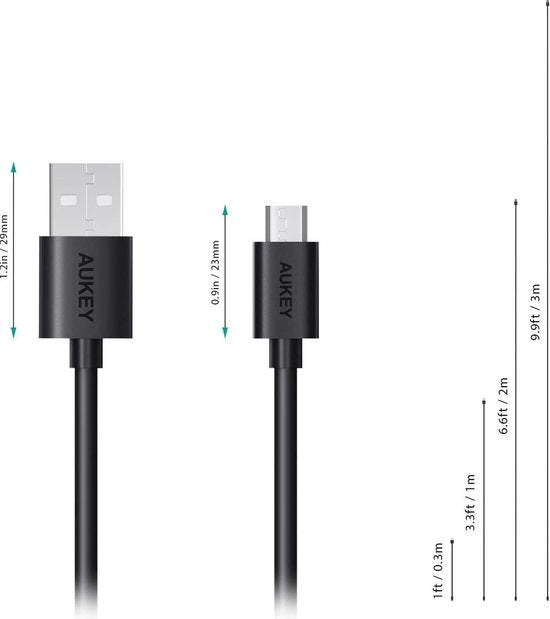 Aukey CB-D17 datakabel snellaadkabel 2.0/ 3.0 Micro USB kabel 6 stuk (1 x 3M, 1 x 2M, 2 x 1M, 2 x 0.3M) met Micro USB naar Type C / USB-C adapter (2 in 1) voor tablet, Samsung, Huawei, Xiaomi en meer