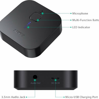 Aukey BR-C1 - Bluetooth Audio Receiver - Dual Device Link - 18 uur speeltijd - Zwart