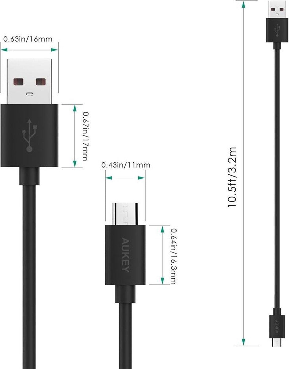 Aukey CB-D11 20AWG 3,2 meter 320 cm Micro USB 2.0 Quick Charge 3.0-kabel