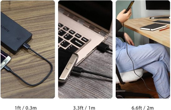 Aukey CB-D17 datakabel snellaadkabel 2.0/ 3.0 Micro USB kabel 6 stuk (1 x 3M, 1 x 2M, 2 x 1M, 2 x 0.3M) met Micro USB naar Type C / USB-C adapter (2 in 1) voor tablet, Samsung, Huawei, Xiaomi en meer