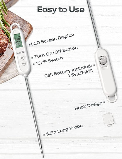 Instant Read-vleesthermometers voor koken, LCD-display Digitale voedselthermometer met 5,5 inch lange sonde, kookthermometer met automatische uitschakeling voor keuken, bakken, braden, grillen, BBQ