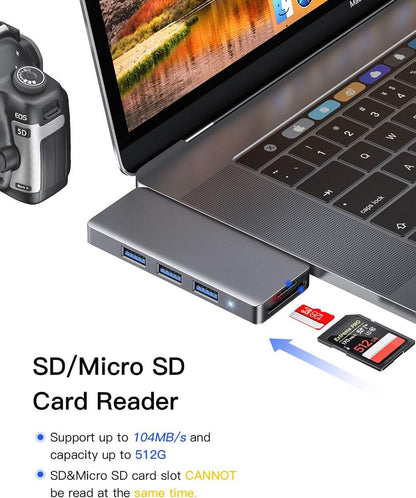 MOKAI START 6-in-2 USB-C Hub voor MacBook - Aluminium adapter met Thunderbolt 3 - 100W PD - 3 USB 3.0-poorten - Micro SD/SD-kaartlezer voor MacBook Pro en Air