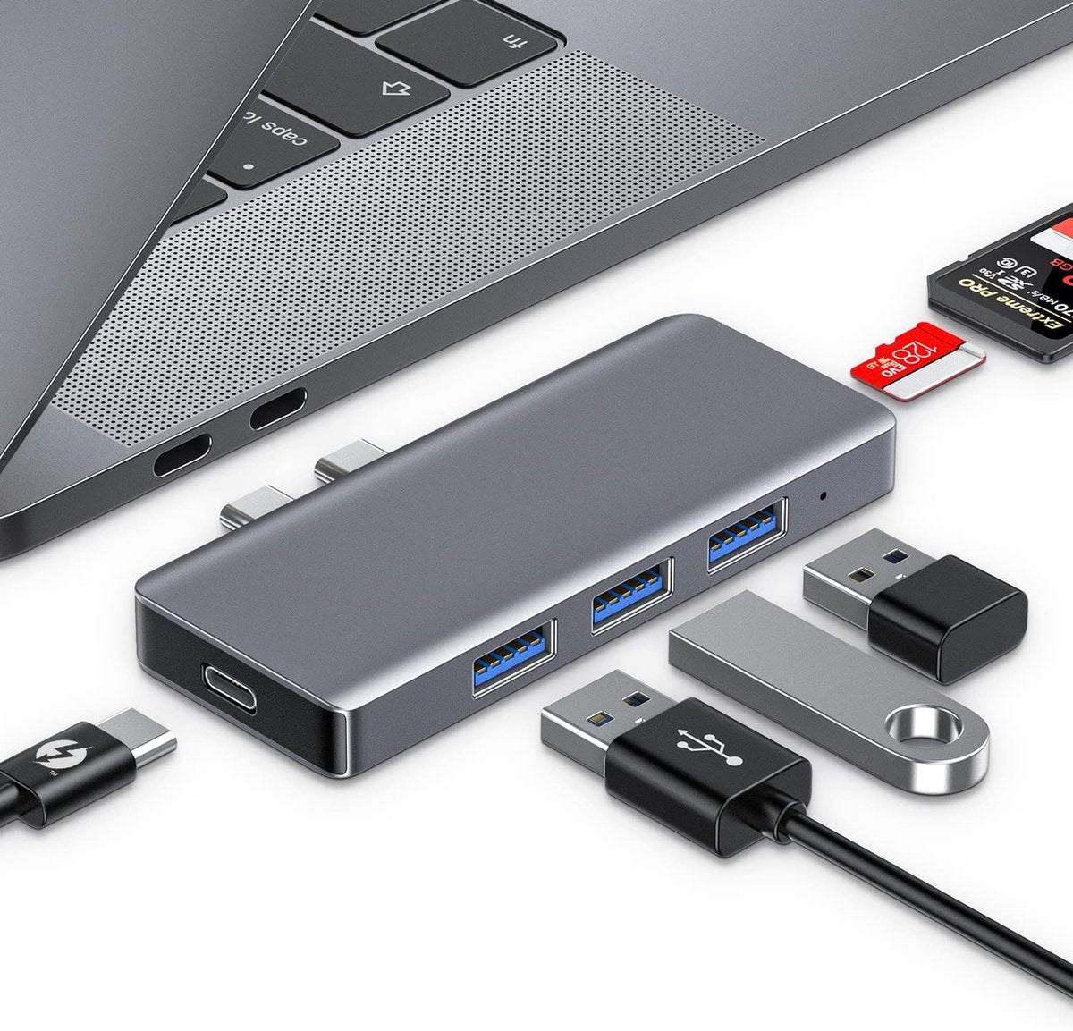 MOKAI START 6-in-2 USB-C Hub voor MacBook - Aluminium adapter met Thunderbolt 3 - 100W PD - 3 USB 3.0-poorten - Micro SD/SD-kaartlezer voor MacBook Pro en Air