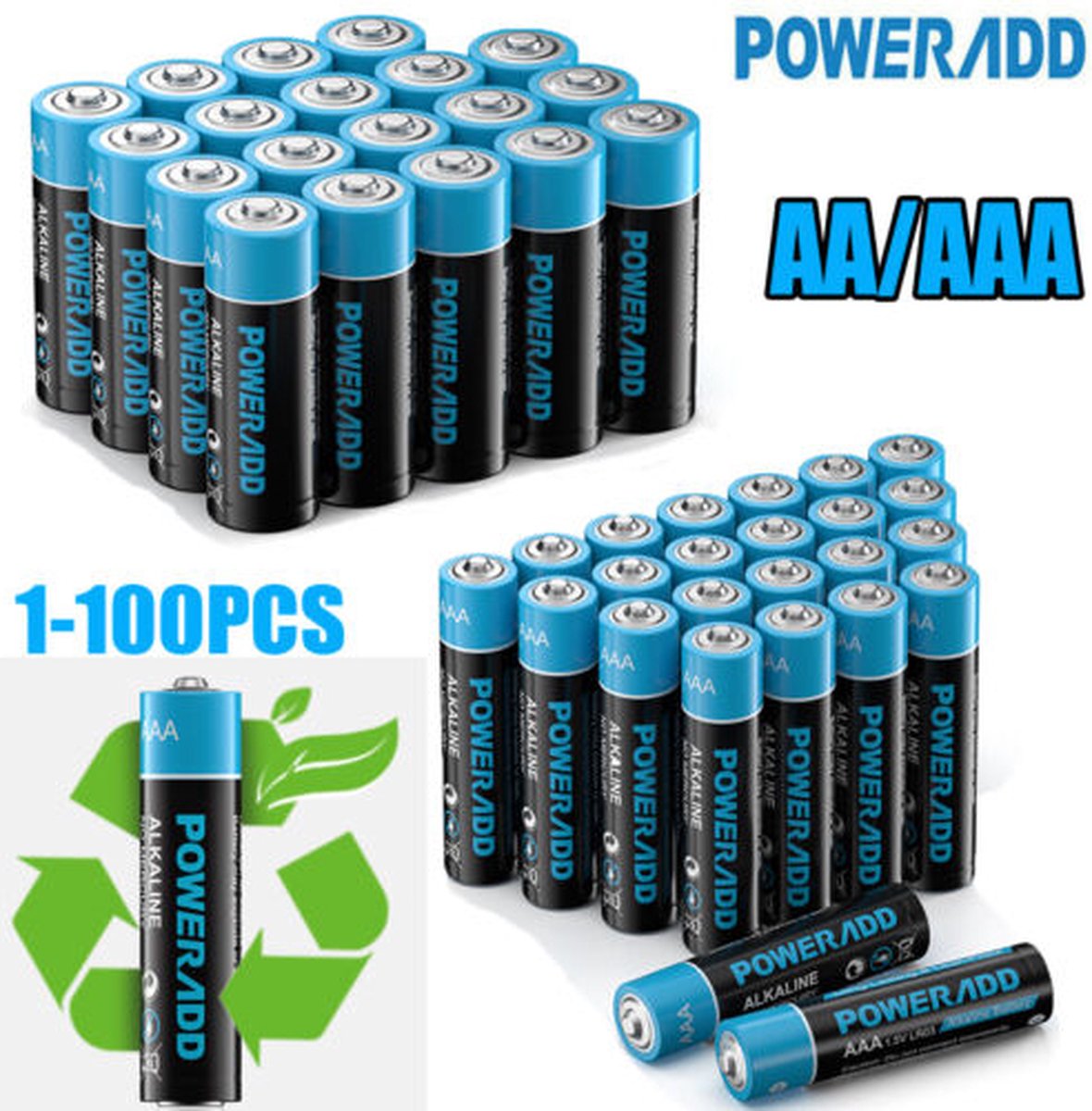 Poweradd 52 x Alkaline Batteries Long Lasting AAA Battery and 52 x AA All Purpose Battery for Home Use