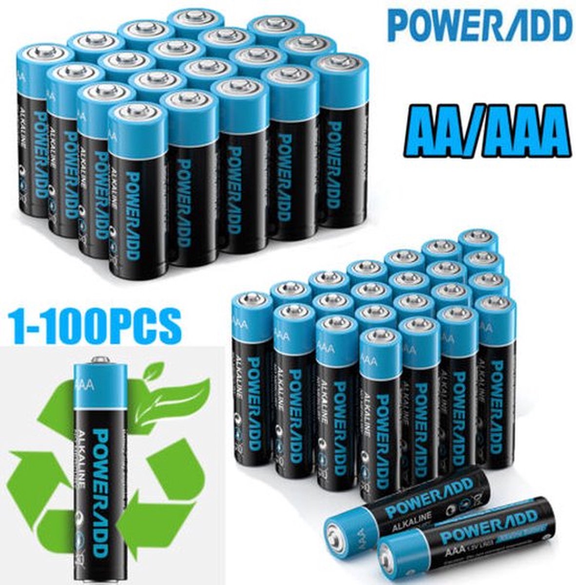 POWERADD batteries LR06 - 16 x AAA battery and 16 x AA Battery - 32 pieces - Alkaline AA - 1.5V - Durable - for household use