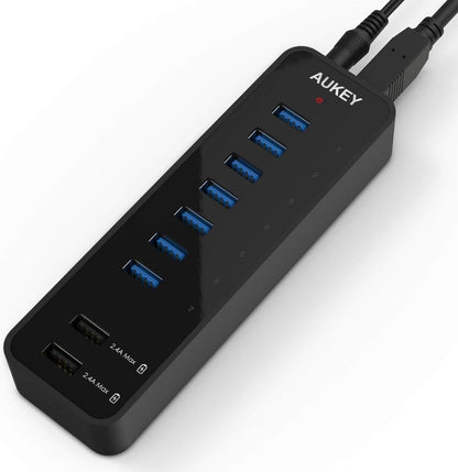 AUKEY SuperSpeed ​​7 Ports USB 3.0 Hub with 2 Smart Charging Ports (up to 2.4A) with USB 3.0 Cable and 12V 4A Power Adapter, CB-H18