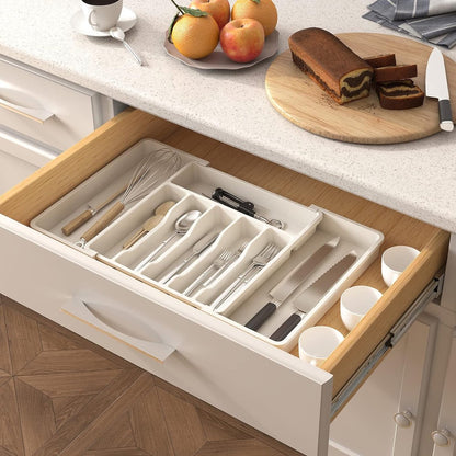 Cutlery Holder for Drawer - Extendable Cutlery Tray - Adjustable Cutlery Tray - Compact Plastic Cutlery Tray for Spoons, Forks, Knives, Large Size - White