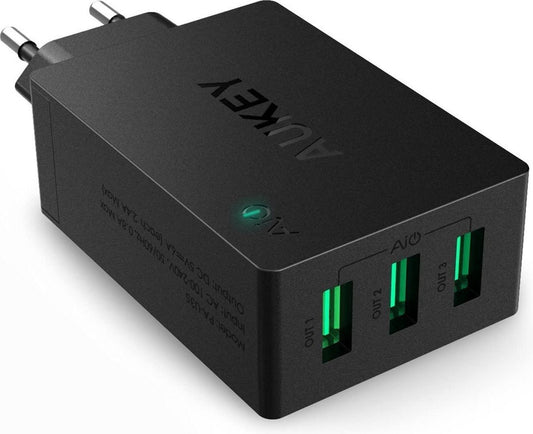 Aukey PA-U35 zwart - 3-poorts USB-oplader - 30 W, 6 A - met AiPower-technologie - geschikt voor verschillende toestellen