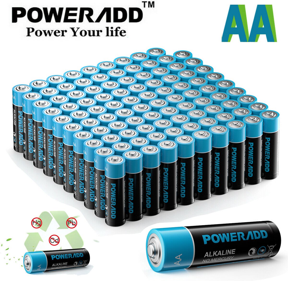 POWERADD 100x Alkaline AA batteries (25 blisters of 4 pcs) 1.5V Long-lasting and durable LR06 - battery pack