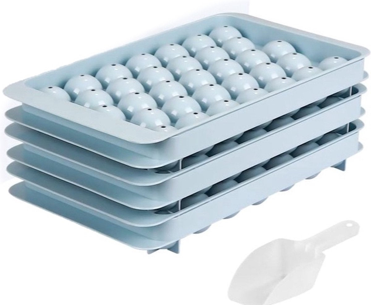 Mini ice cube tray, round ice cube holder for freezer, ice, cocktail, whiskey, tea, coffee, 3 x 99 pieces (3 blue ice cube trays and ice scoop)