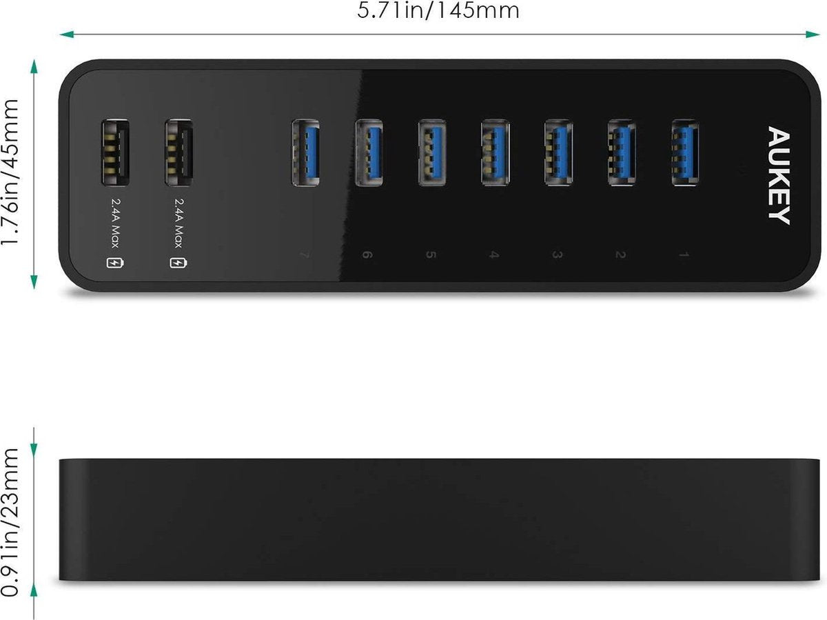 AUKEY SuperSpeed ​​7 Ports USB 3.0 Hub with 2 Smart Charging Ports (up to 2.4A) with USB 3.0 Cable and 12V 4A Power Adapter, CB-H18