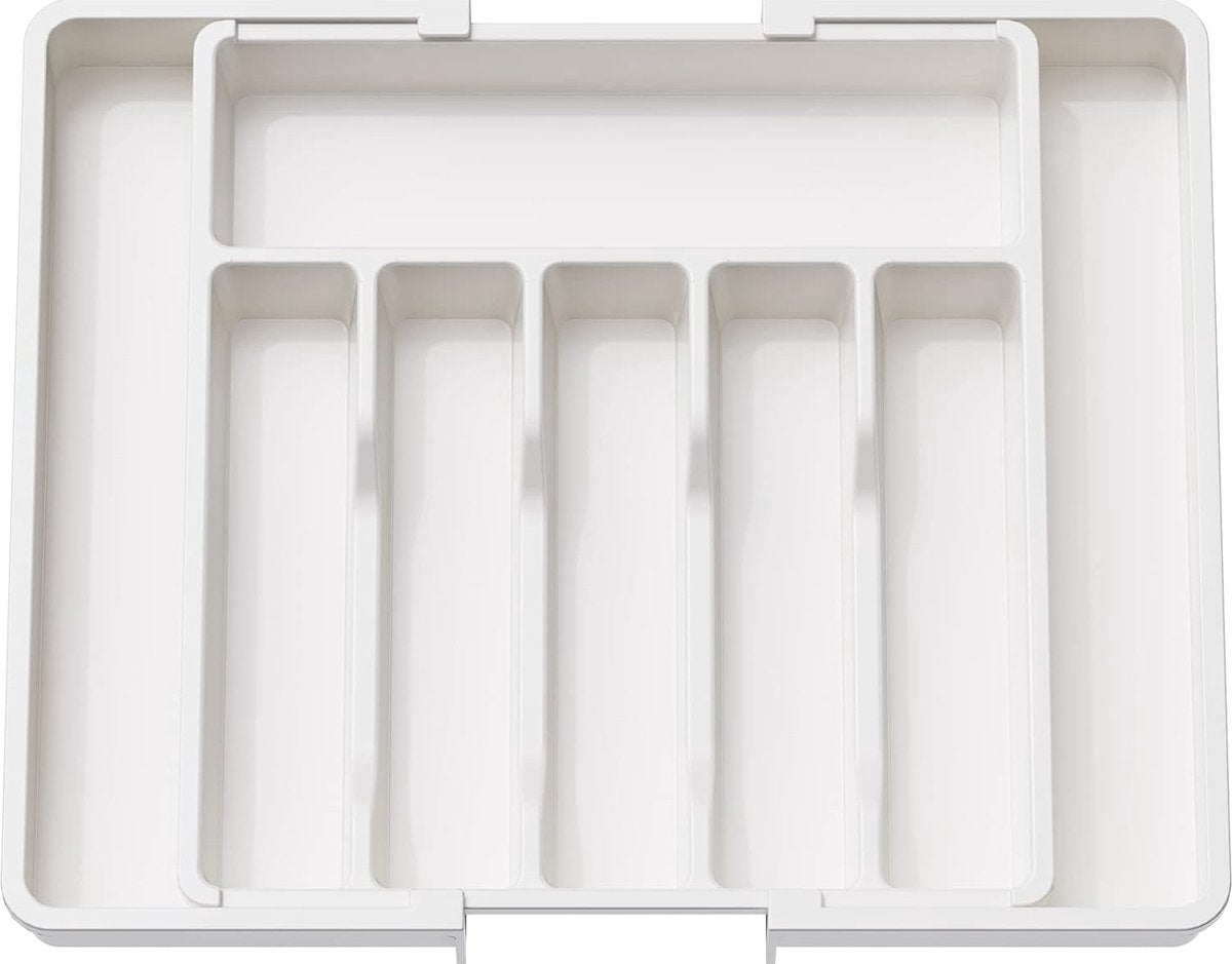 Cutlery Holder for Drawer - Extendable Cutlery Tray - Adjustable Cutlery Tray - Compact Plastic Cutlery Tray for Spoons, Forks, Knives, Large Size - White