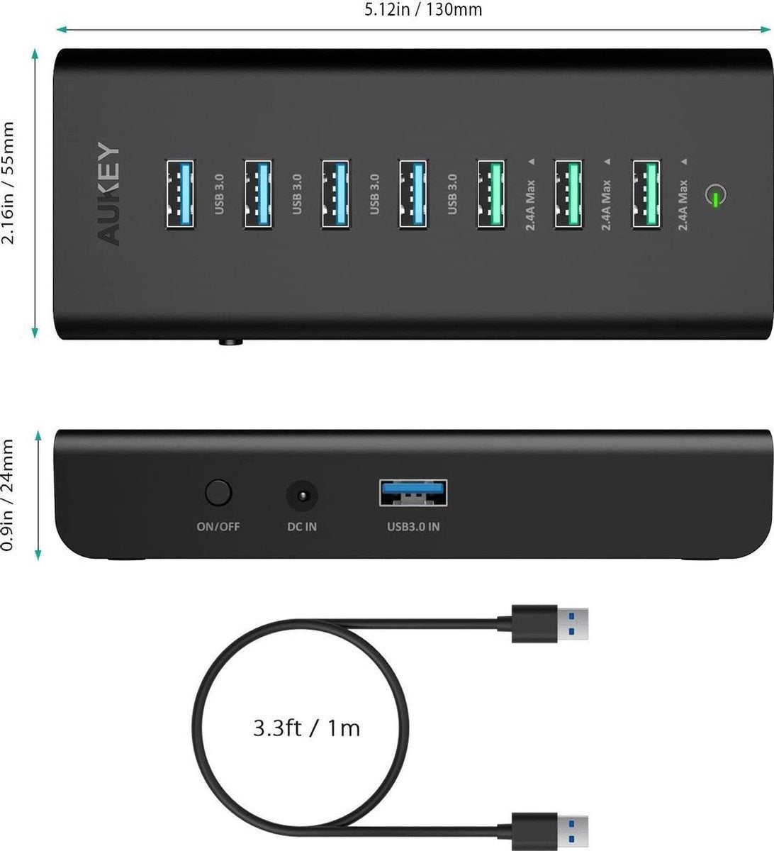 AUKEY USB Hub Powered Charging CB-H19, 7 Port USB 3.0 Hub with 3 Charging Ports, 4 USB 3.0 Data Ports, 12 V/3 A Power Adapter, Power Switch for Laptop, PC, Mac, Hard Drive Hard Drive (black)