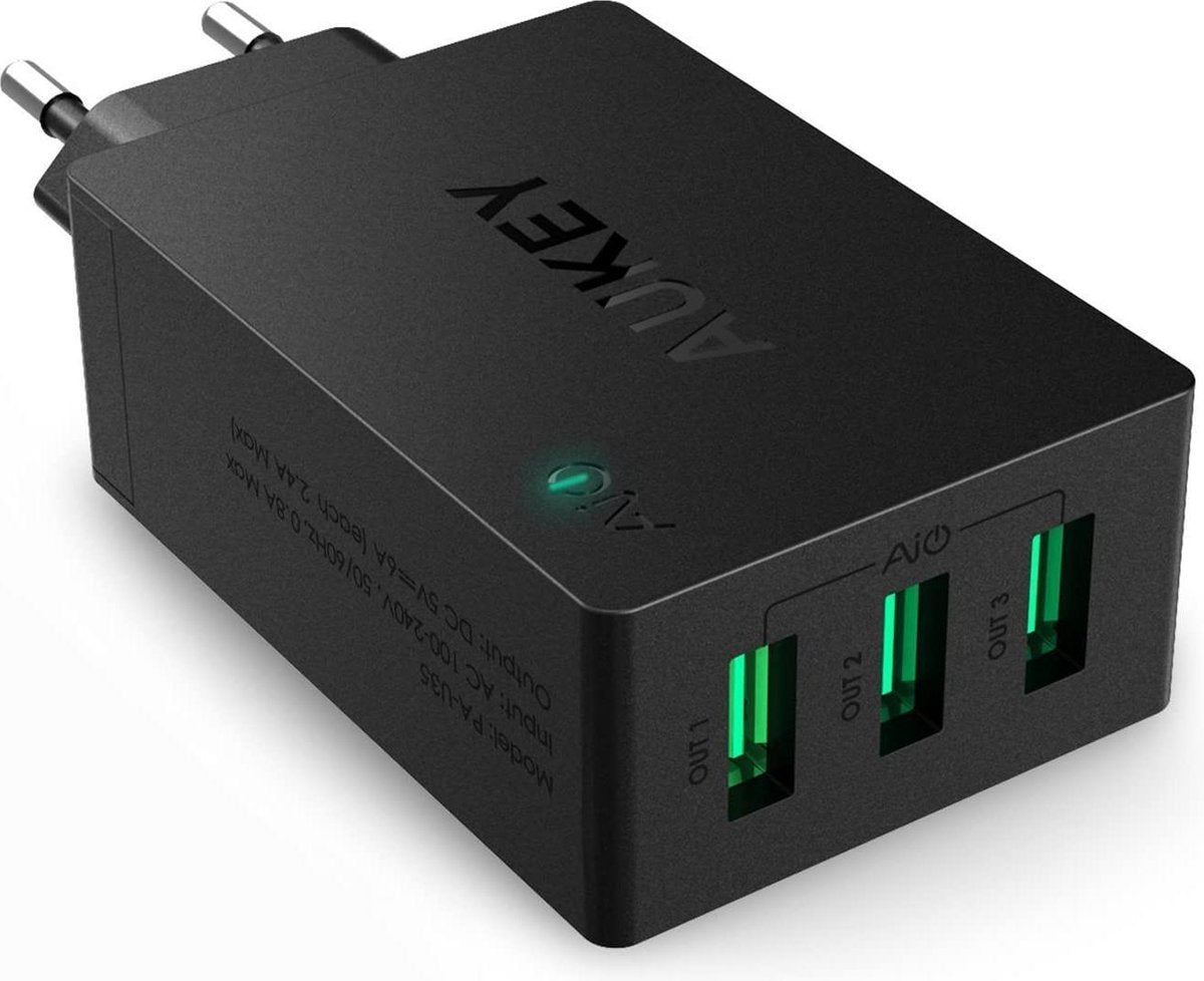 Aukey PA-U35 - 3-poorts USB-oplader (30 W / 6 A) met AiPower-technologie voor smartphone, zwart