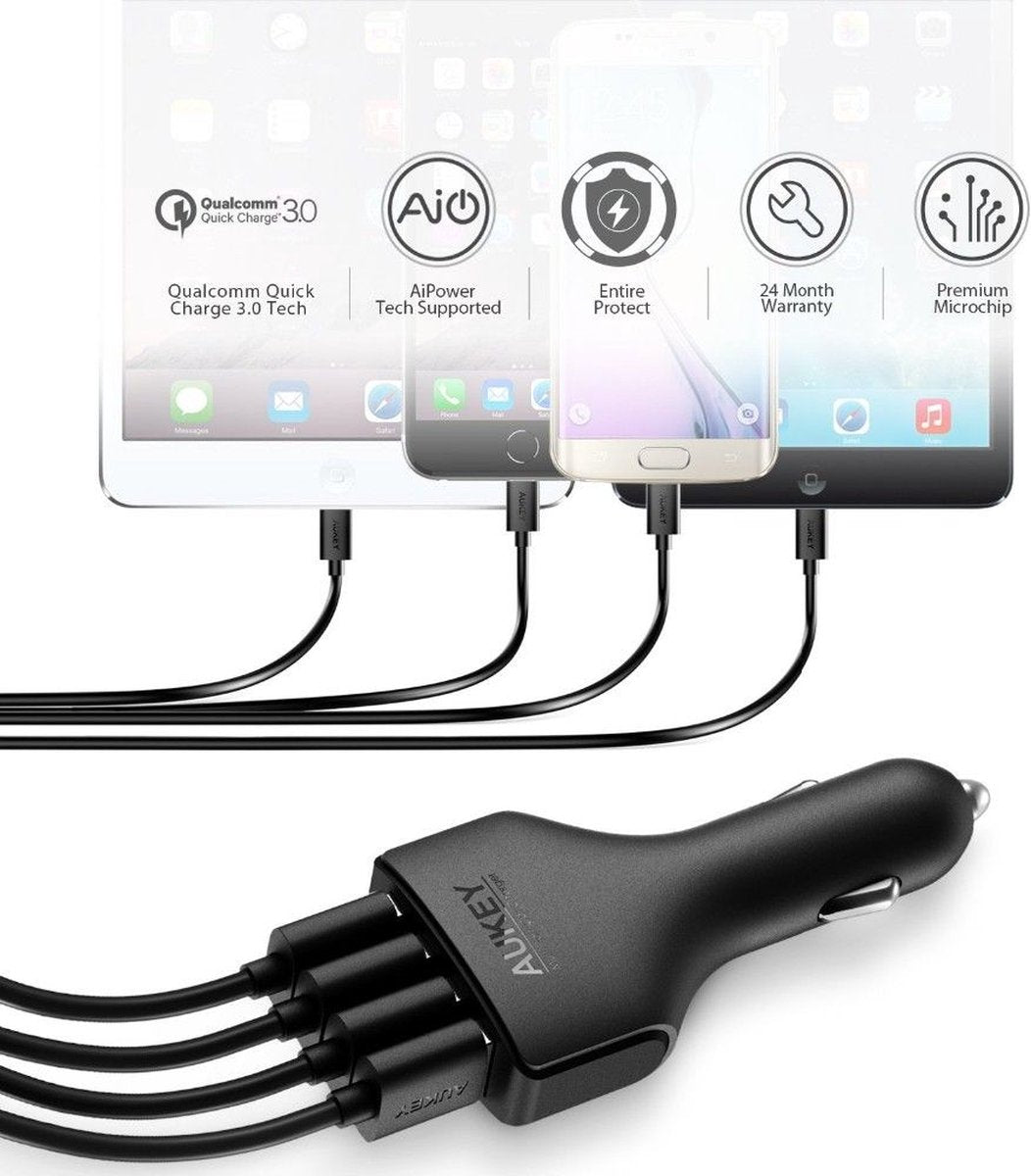 Aukey CC-T9 Qualcomm Quick Charge 3.0 Cigarette plug car charger 4 USB ports - Black