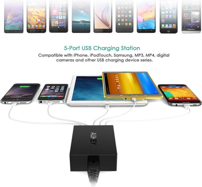 Aukey PA-U33 5-Port 50W 10A USB Charger for iPhone/Android Smartphone/Tablet/Bluetooth Speaker etc. Black