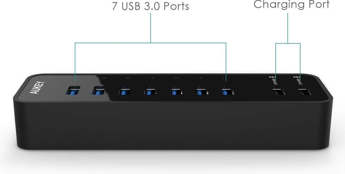 AUKEY SuperSpeed ​​7 Ports USB 3.0 Hub with 2 Smart Charging Ports (up to 2.4A) with USB 3.0 Cable and 12V 4A Power Adapter, CB-H18