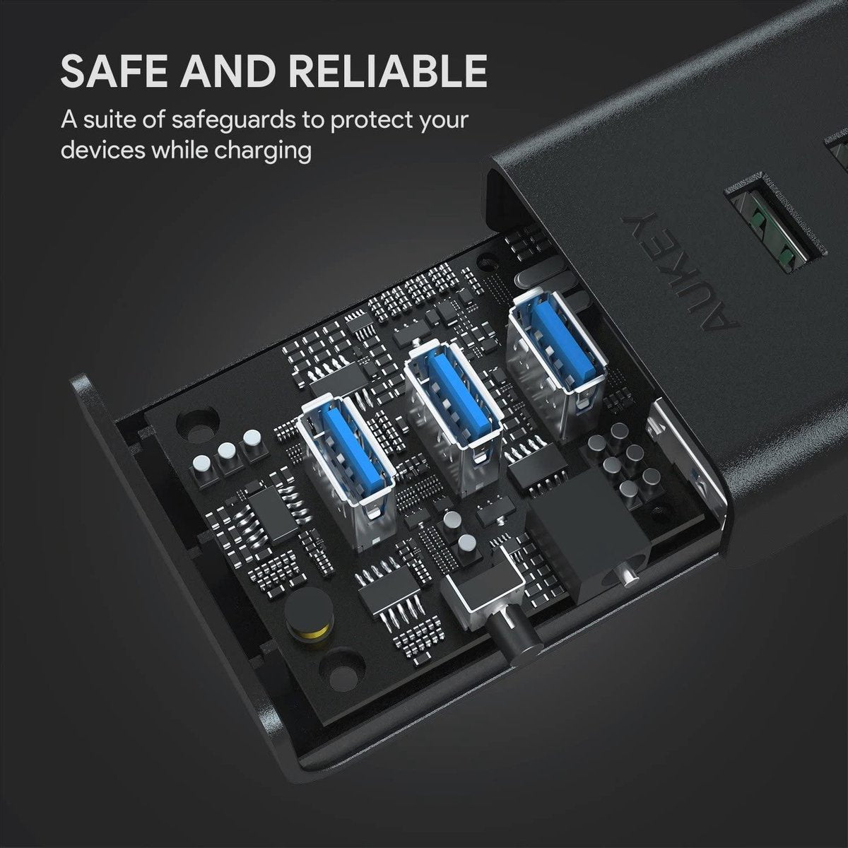 AUKEY USB Hub Powered Charging CB-H19, 7 Port USB 3.0 Hub with 3 Charging Ports, 4 USB 3.0 Data Ports, 12 V/3 A Power Adapter, Power Switch for Laptop, PC, Mac, Hard Drive Hard Drive (black)