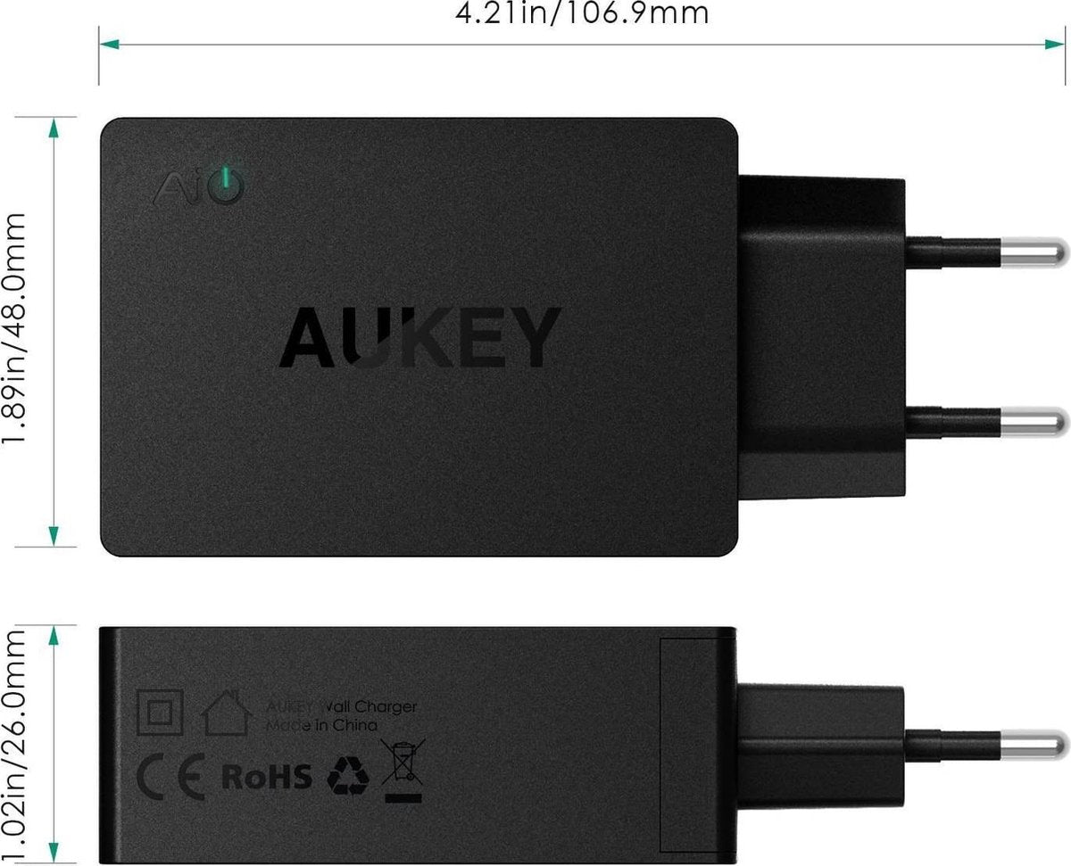 Aukey PA-U35 - 3-poorts USB-oplader (30 W / 6 A) met AiPower-technologie voor smartphone, zwart