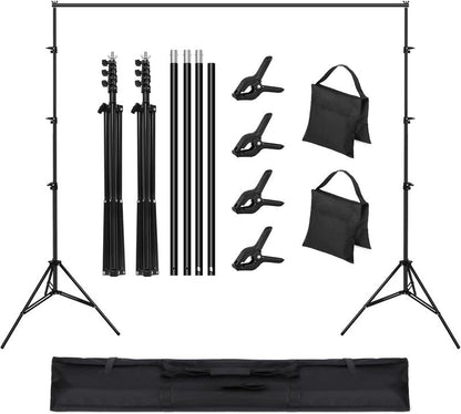 OMBAR LN-B003 -2,6 x 3M fotografie-achtergrondstandaard - voor portretten, productfotografie en video-opnamen - verstelbare fotostandaard - wordt geleverd met 4 achtergrondclips en 2 zandzakken