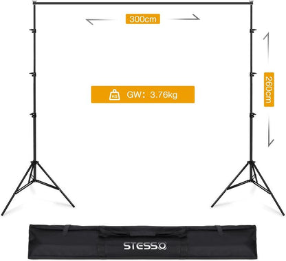 OMBAR LN-B003 -2,6 x 3M fotografie-achtergrondstandaard - voor portretten, productfotografie en video-opnamen - verstelbare fotostandaard - wordt geleverd met 4 achtergrondclips en 2 zandzakken