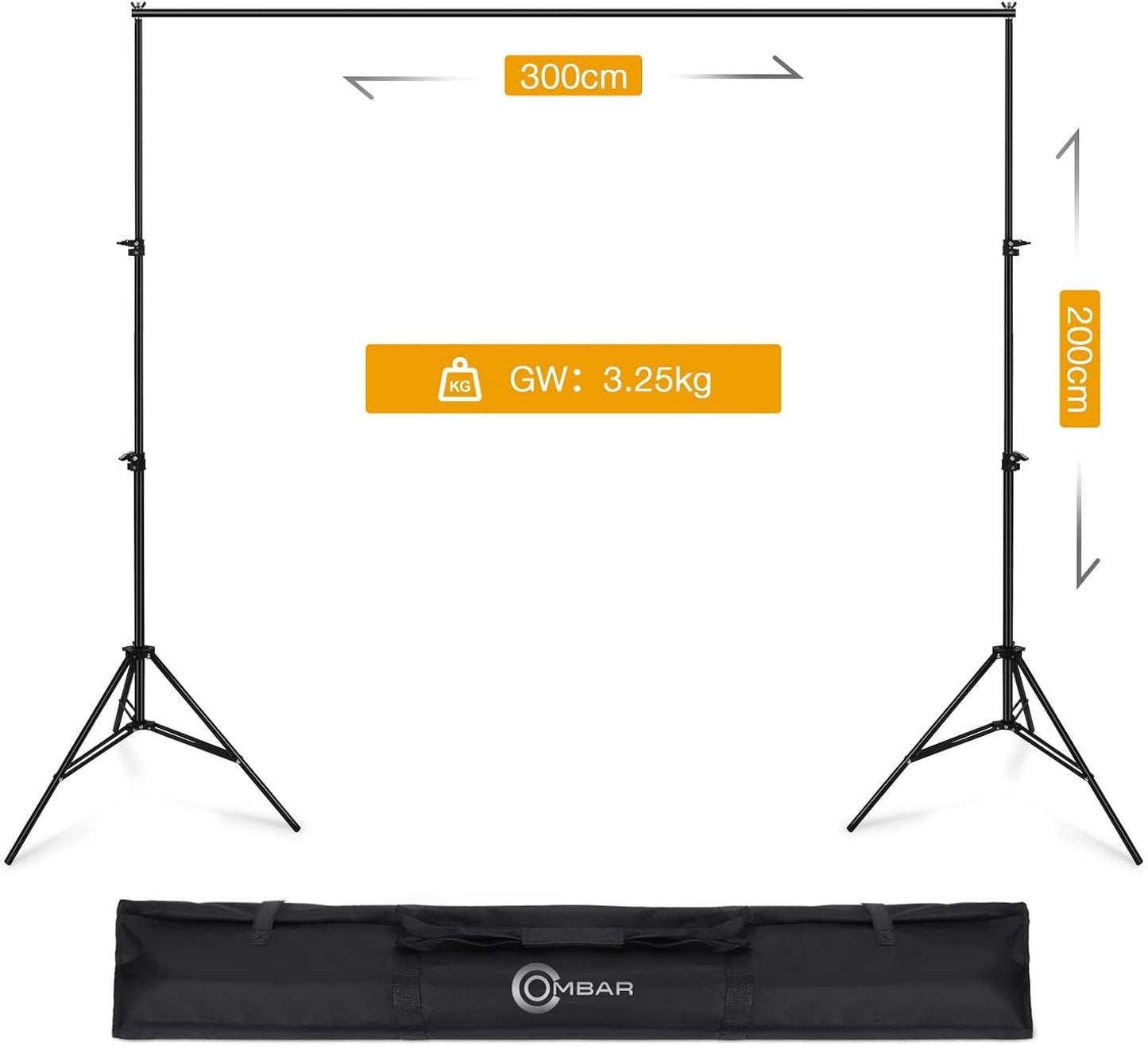 OMBAR YX-2030-1 Verstelbare foto-achtergrondstandaard - 2x3m - Voor portretten, productfotografie en video-opnamen - Telescopische fotostandaard met 4 achtergrondclips en 2 zandzakken