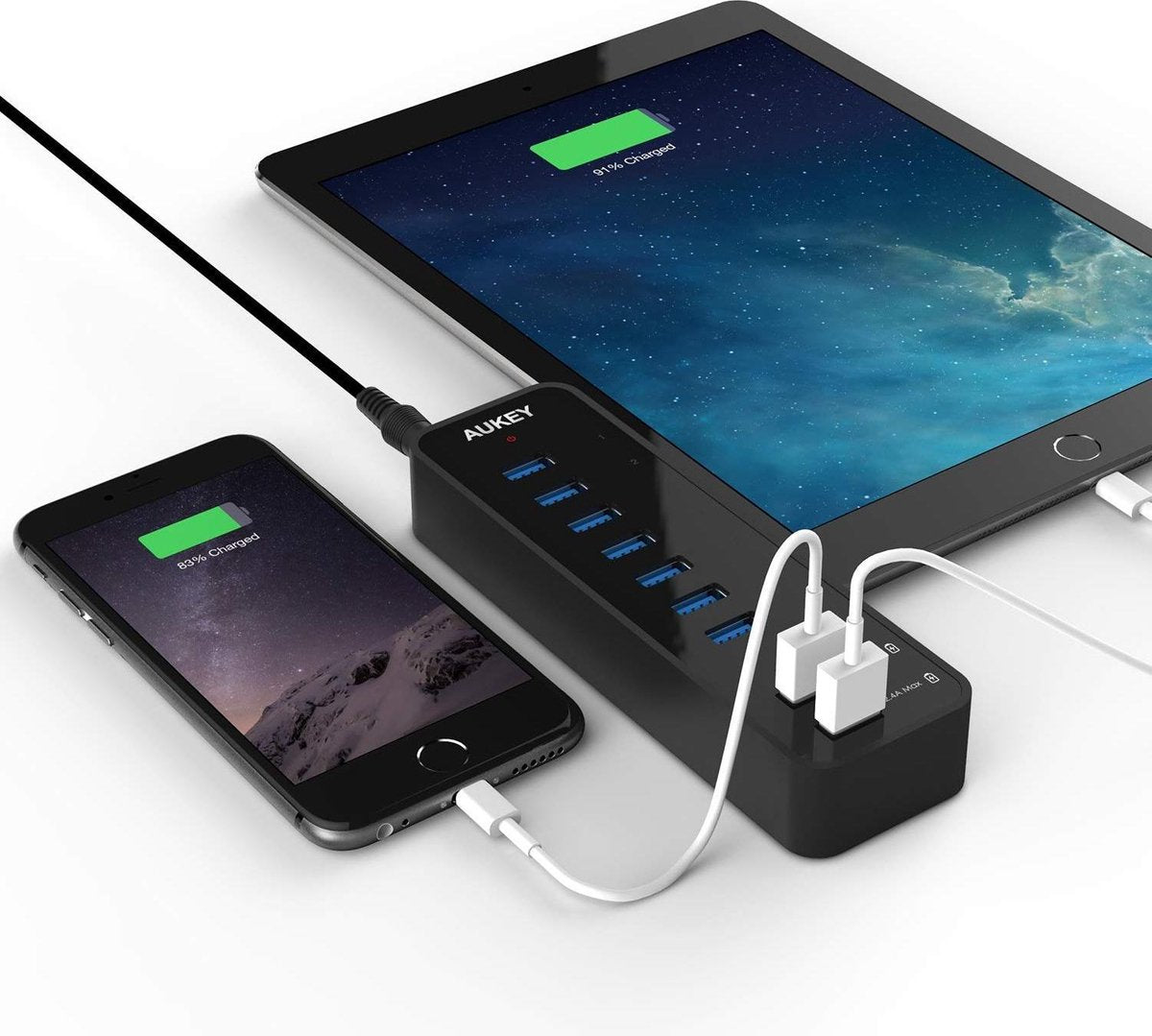 AUKEY SuperSpeed ​​7 Ports USB 3.0 Hub with 2 Smart Charging Ports (up to 2.4A) with USB 3.0 Cable and 12V 4A Power Adapter, CB-H18