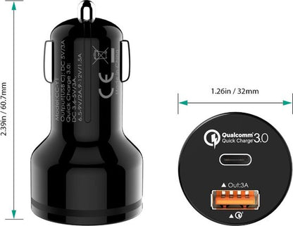 Aukey CC-Y1 - Autolader - 33W USB C & Qualcomm Quick Charge 3.0 Car Charger