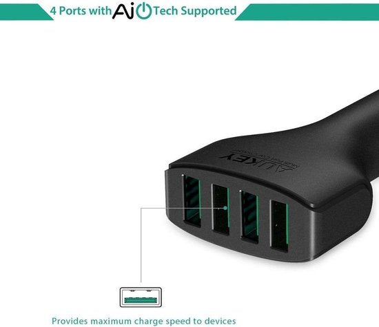 Aukey Autolader CC-01 - 4 USB poorten 9.6A - AiPower Technologie- Zwart