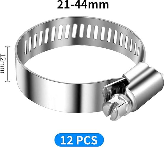 12 stuks slangklemmen 21-44 mm, slangklem van 304 roestvrij staal, sterke bescherming tegen roesten, hoogwaardige slangklemmen voor auto, motorfiets, boot, aquarium, grasmaaier