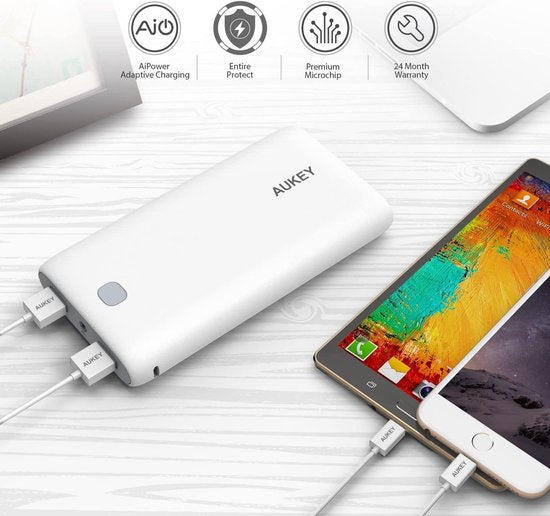 AUKEY Power Bank 20000 mAh, Portable Charger with 2 Outputs, Large Capacity External Battery with AiPower for iPhone, Samsung, Huawei, Xiaomi and More (White)