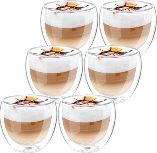 6 Double-walled glasses - double-walled coffee glasses - espresso cups, glass - set of 6 - capacity 250ml