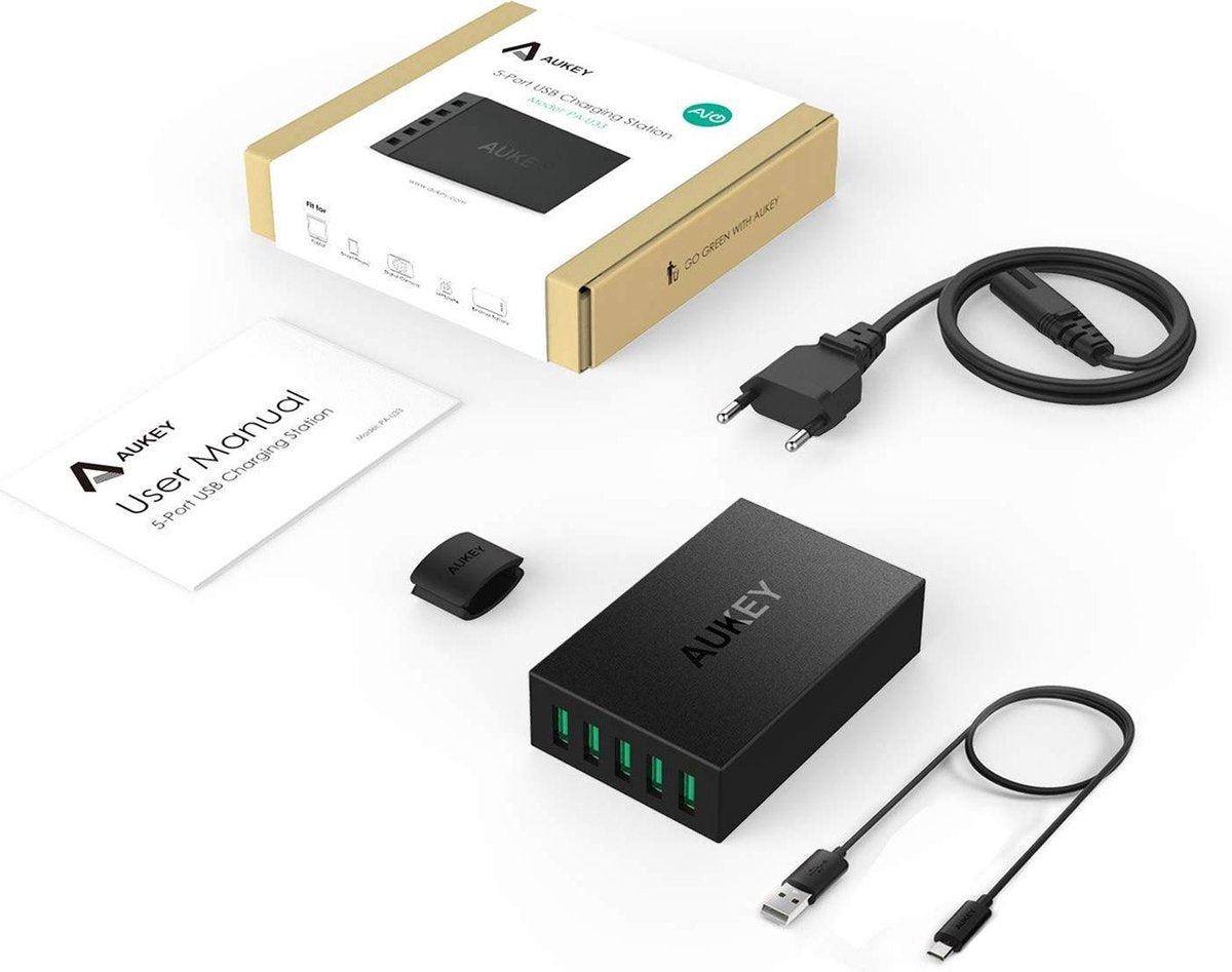 Aukey PA-U33 5-Port 50W 10A USB Charger for iPhone/Android Smartphone/Tablet/Bluetooth Speaker etc. Black