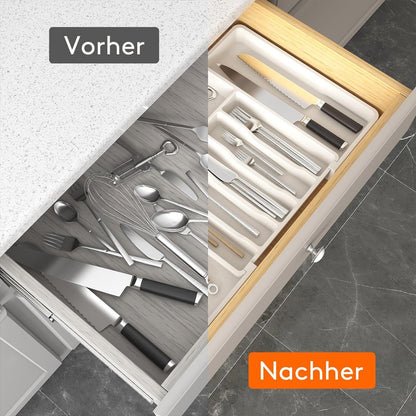 Cutlery Holder for Drawer - Extendable Cutlery Tray - Adjustable Cutlery Tray - Compact Plastic Cutlery Tray for Spoons, Forks, Knives, Large Size - White