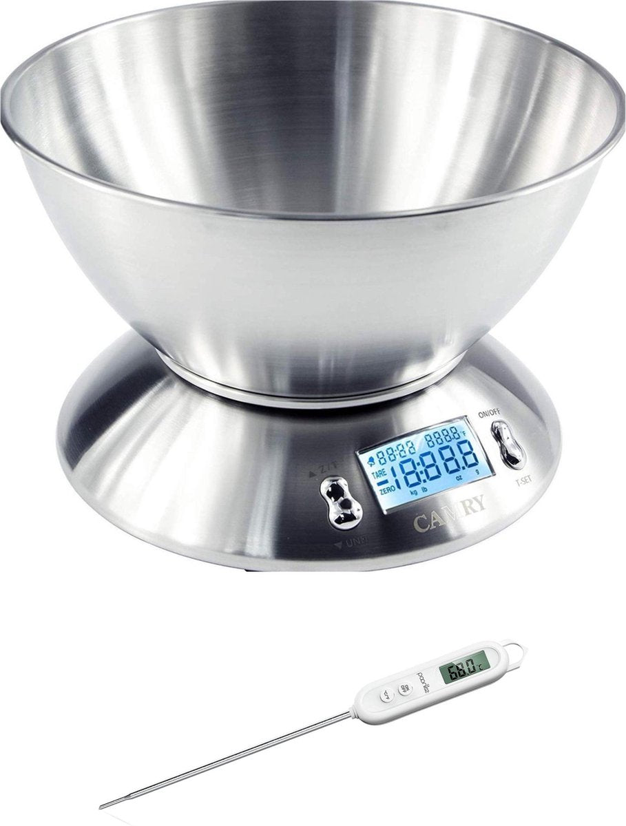 Combideal keukengerei - Camry Digitale Keukenweegschaal EK4150 - Roestvrij staal - 5kg + Instant Read-vleesthermometer - LCD-display Digitale voedselthermometer