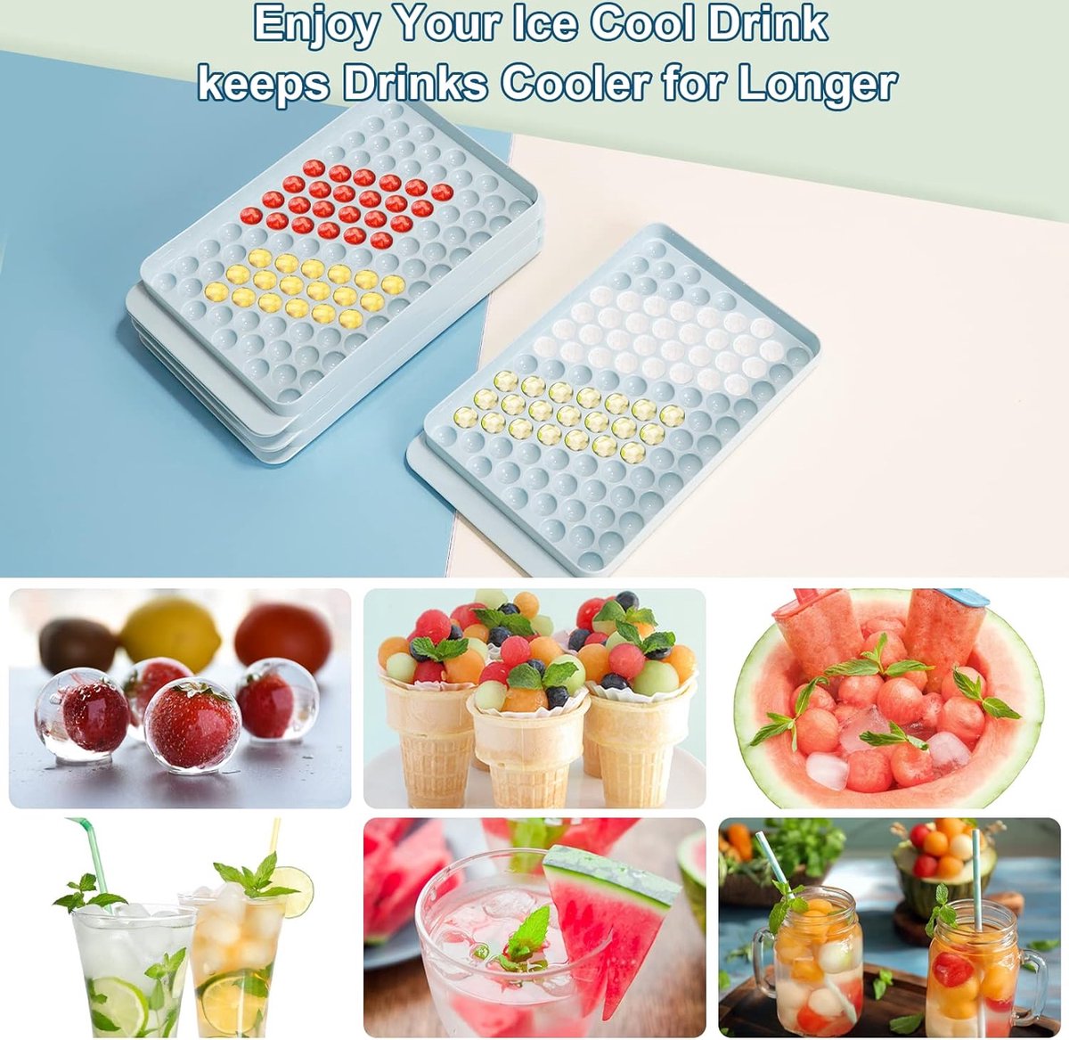 Mini ice cube tray, round ice cube holder for freezer, ice, cocktail, whiskey, tea, coffee, 3 x 99 pieces (3 blue ice cube trays and ice scoop)