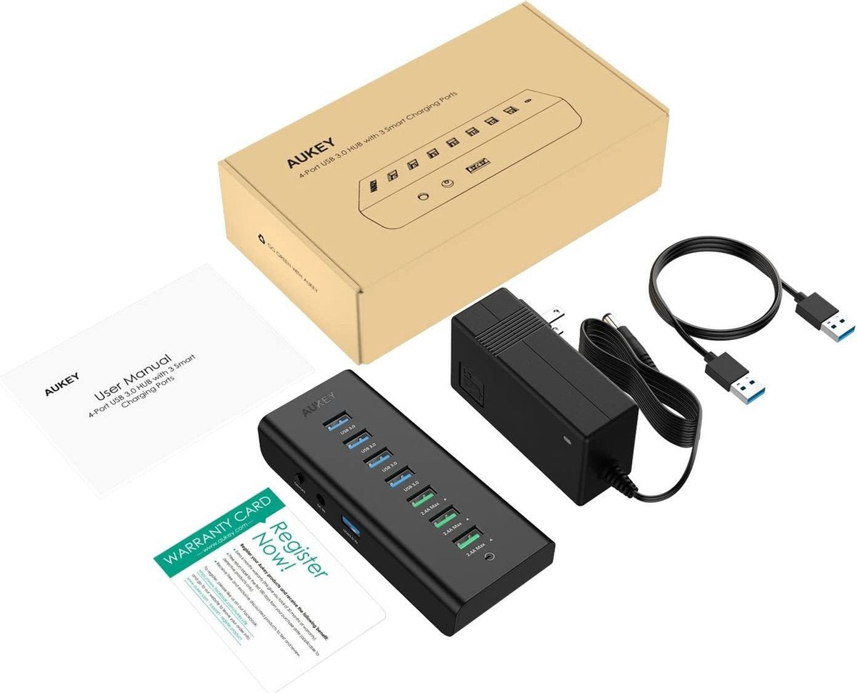 AUKEY USB Hub Powered Charging CB-H19, 7 Port USB 3.0 Hub with 3 Charging Ports, 4 USB 3.0 Data Ports, 12 V/3 A Power Adapter, Power Switch for Laptop, PC, Mac, Hard Drive Hard Drive (black)