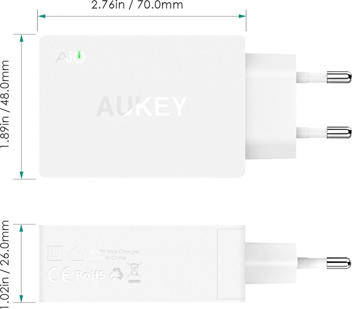 Aukey Quick Charge 3.0 Charger - 1 USB port + 1 USB-C port - White