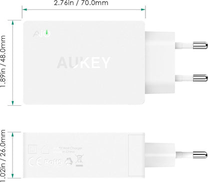 Aukey Quick Charge 3.0 Charger - 1 USB port + 1 USB-C port - White