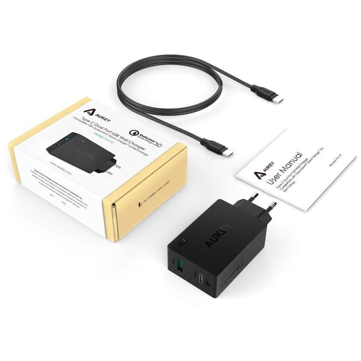 Aukey Quick Charge 3.0 Oplader PA-Y2 - 1 USB poort + 1 USB-C poort - Black