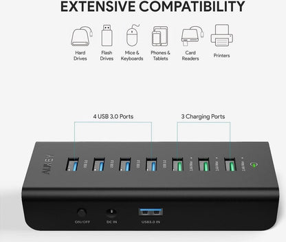 AUKEY USB Hub Powered Charging CB-H19, 7 Port USB 3.0 Hub with 3 Charging Ports, 4 USB 3.0 Data Ports, 12 V/3 A Power Adapter, Power Switch for Laptop, PC, Mac, Hard Drive Hard Drive (black)