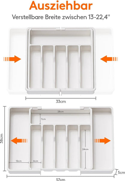 Cutlery Holder for Drawer - Extendable Cutlery Tray - Adjustable Cutlery Tray - Compact Plastic Cutlery Tray for Spoons, Forks, Knives, Large Size - White